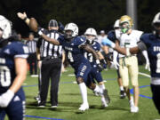 Skyview’s Andrew Orioro (4) holds up the ball after recovering a fumble in the Storm’s 28-0 win over Jesuit at Kiggins Bowl on Friday, Sept. 1, 2023.