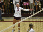 Prairie's Gracie Jacoby hits the ball over the net against Skyview during a volleyball match at Prairie High School on Thursday, Sept. 14, 2023.