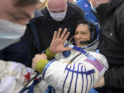 NASA astronaut Frank Rubio is helped out of the Soyuz MS-23 spacecraft just minutes after he and Russian cosmonauts Sergey Prokopyev and Dmitri Petelin, landed in a remote area near the town of Zhezkazgan, Kazakhstan on Wednesday, Sept. 27, 2023.  The extended mission means that Rubio now holds the record for longest spaceflight by an American.