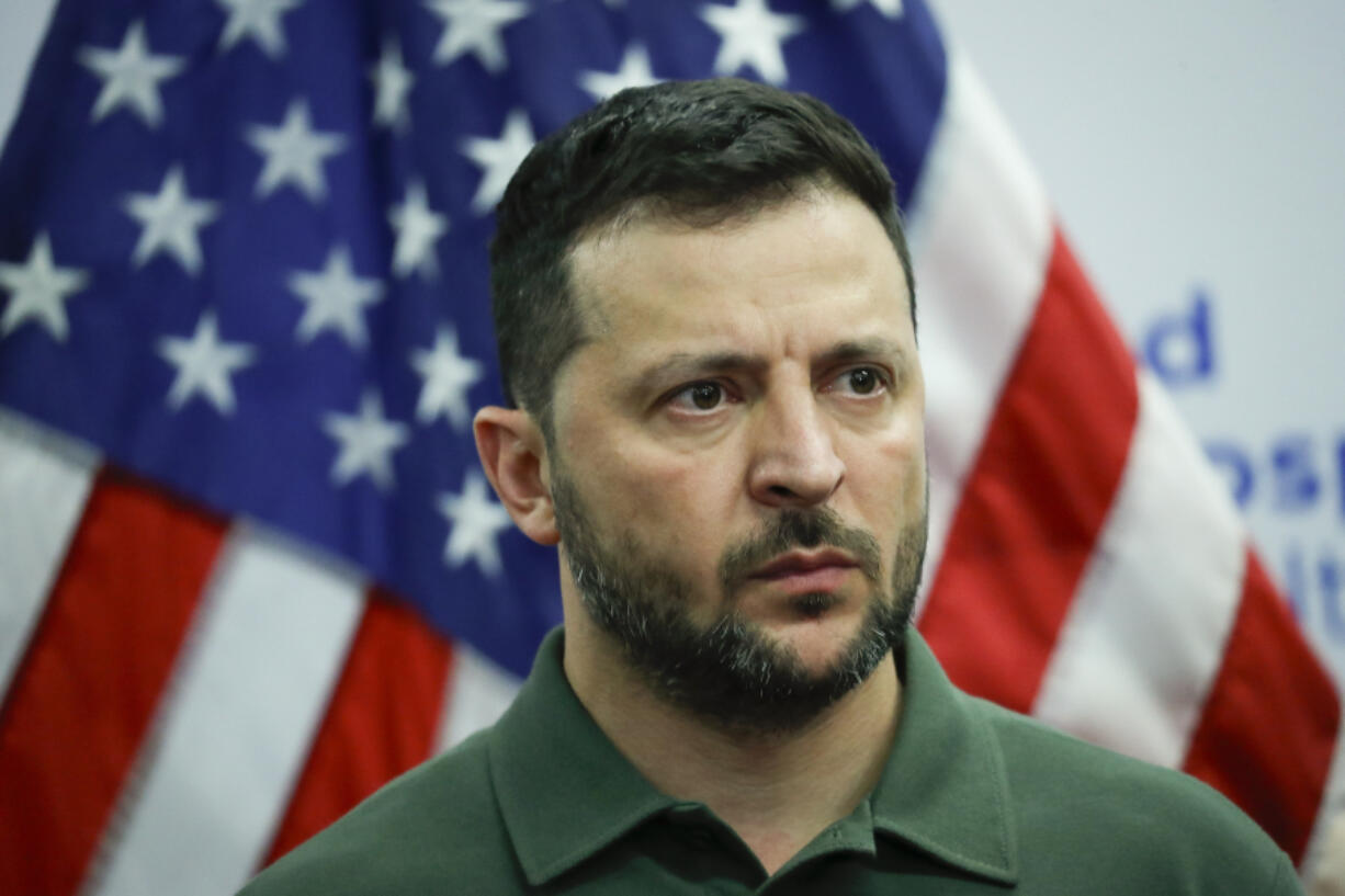 Ukrainian President Volodymyr Zelenskyy speaks to wounded Ukrainian soldiers during a visit at Staten Island University Hospital, in New York, Monday, Sept. 18, 2023.