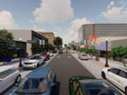 A rendering from a city of Vancouver video showing what Main Street in downtown Vancouver will look like after the completion of the Main Street Promise project. The project will extend sidewalks, level the street height with the sidewalk height, install pedestrian lighting and enhance crosswalks.