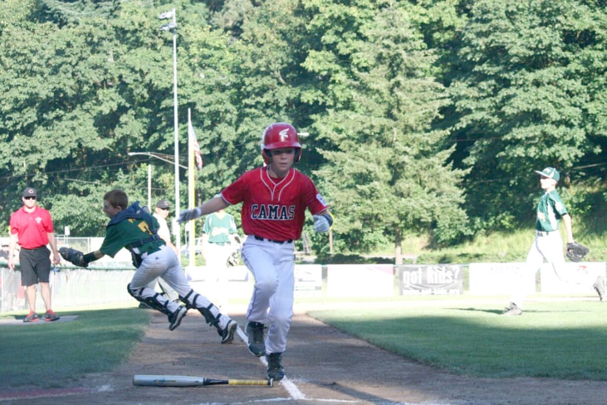 Post-Record files 
 Dante Humble scores the first run for the Camas 11- to 12-year-old all-star team in the district championship game at Forest Home Park in Camas in July 2014. 
 Post-Record files 
 A player from Belgrade, Mont. (47), takes a swing from a pitch from an all-star team from Moses Lake, Wash., at Camas? Louis Bloch Park, Friday, July 27, 2018. 
 Post-Record files 
 Local Babe Ruth officials and volunteers help prepare sports fields at Louis Bloch Park in Camas for the 2018 Regional Baseball Tournament, held July 27-28, 2018.