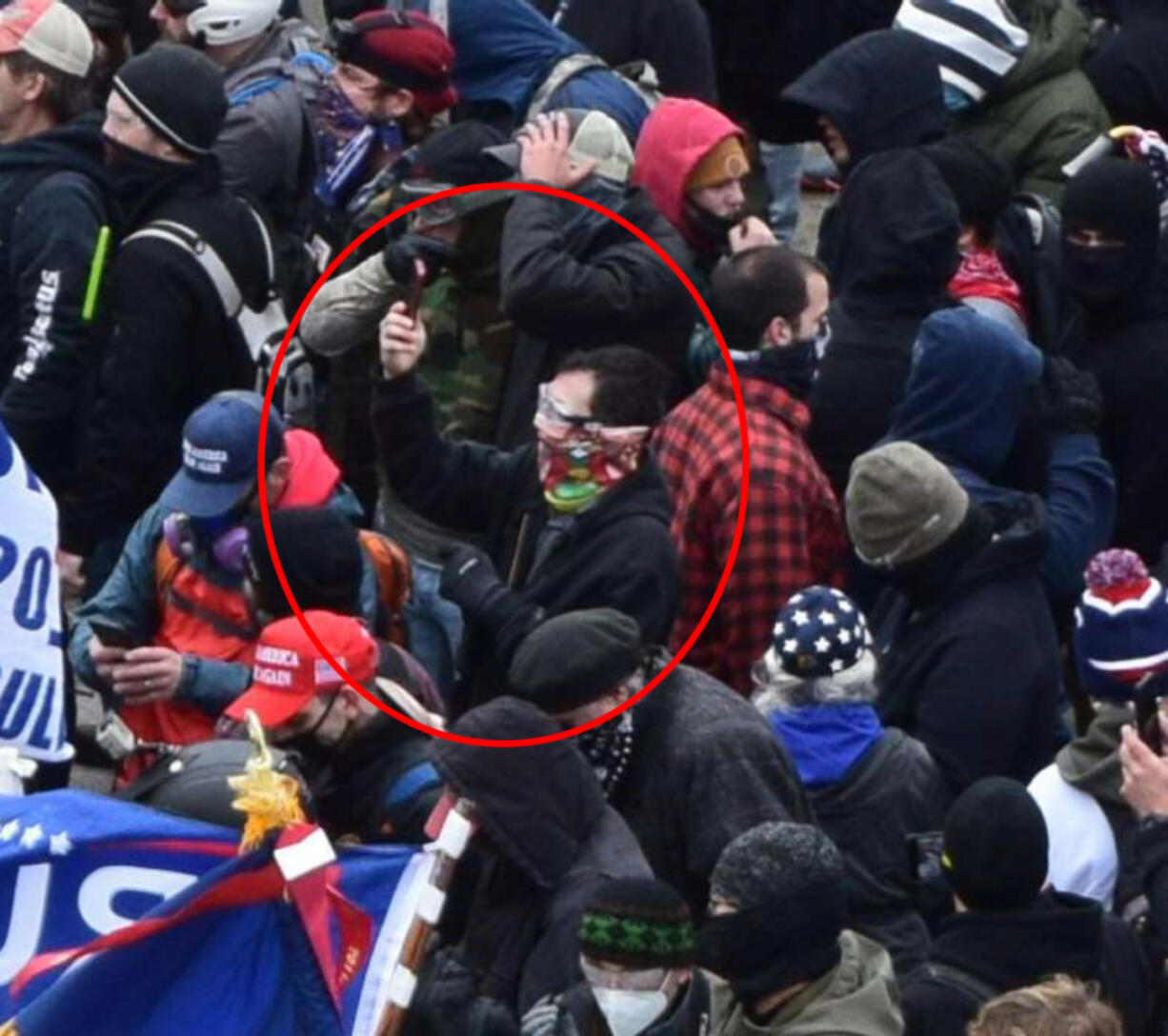 Marc Anthony Bru, 43, pictured in the mob of insurrectionists Jan. 6, 2021, at the U.S. Capitol. A federal judge found the Vancouver man guilty of seven charges in connection with that day. (Photo contributed by the U.S.