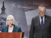 Senate Majority Leader Chuck Schumer, D-N.Y., right, listens as Appropriations Committee Chair Patty Murray, D-Wash., speaks during a press conference on President Biden's budget proposal on Thursday, March 9, 2023, on Capitol Hill in Washington.