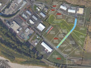 An overhead map of the Port of Camas-Washougal's industrial park shows the location of Lot 14E (bottom right), which has drawn a purchase offer from a California-based aerospace company.