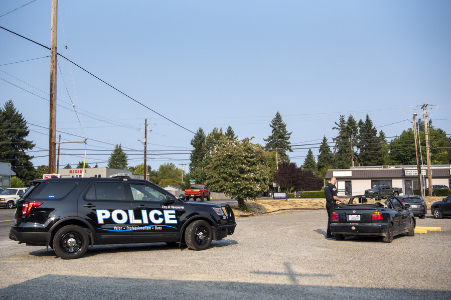 Vancouver police Officer Sean Donaldson, right, pulled over a driver who came speeding down St. Johns Road one day in late August. The car turned out to be stolen and there were warrants out for the driver's arrest. Car thieves aren’t careful drivers, he said, but tend to be reckless and aggressive. Do the community a favor by reporting reckless drivers.