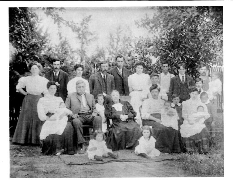 The Plamondon clan of Cowlitz Prairie in an undated photo, circa early 1900s. Taken before Tanna Engdahl was born, this group portrait includes many of her ancestors, including grandmother Mary (Plamondon) Wilson, second from right in first row, and grandfather William Wilson, third from right in back row. Sitting at center are Simon Plamondon Jr.