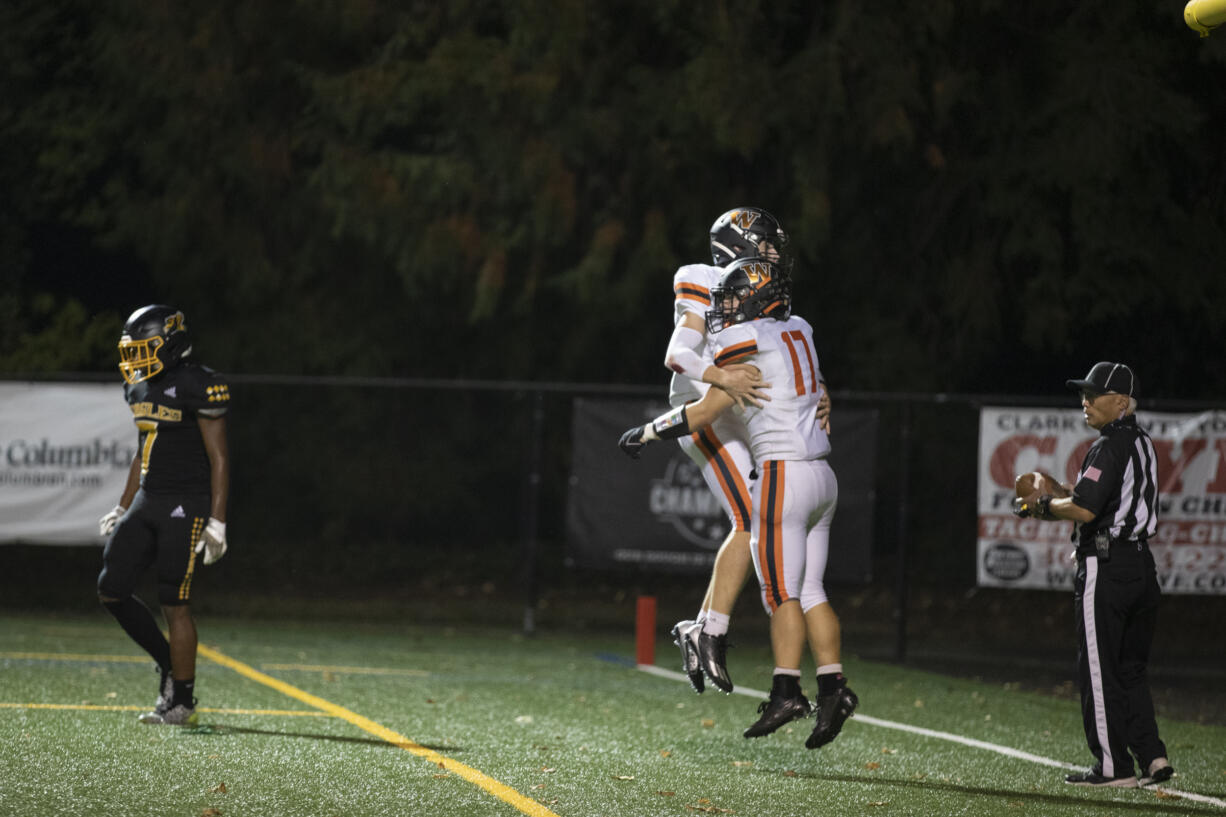 Washougal's Mercy Johnston celebrates a touchdown at Kiggins Bowl on Friday, Oct. 6, 2023.