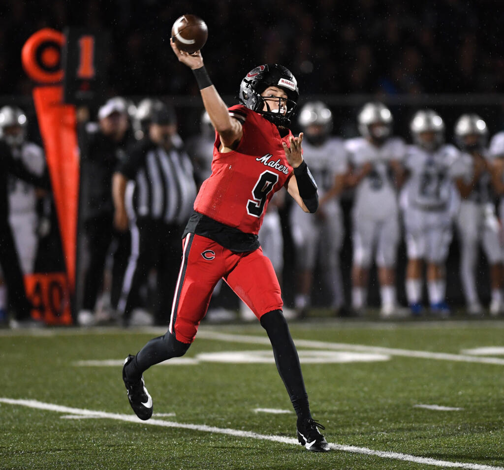 Camas junior Jake Davidson throws the ball Friday, Oct. 13, 2023, during the Papermakers’ 21-9 win against Skyview at Doc Harris Stadium in Camas.