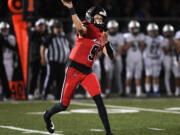 Camas junior Jake Davidson throws the ball Friday, Oct. 13, 2023, during the Papermakers’ 21-9 win against Skyview at Doc Harris Stadium in Camas.