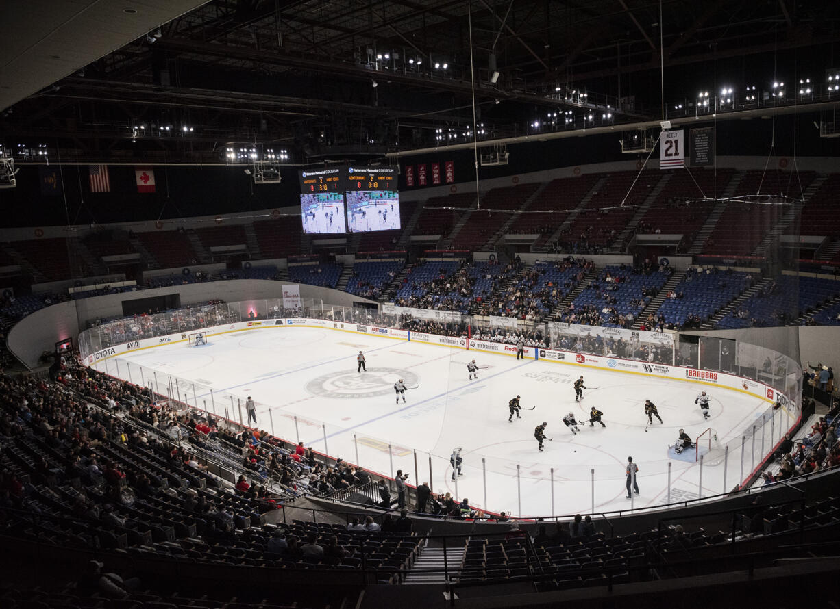 Skaters zip around the ice Wednesday, Oct. 18, 2023, during a game between the Portland Winterhawks and the Brandon Wheat Kings at Veterans Memorial Coliseum in Portland.