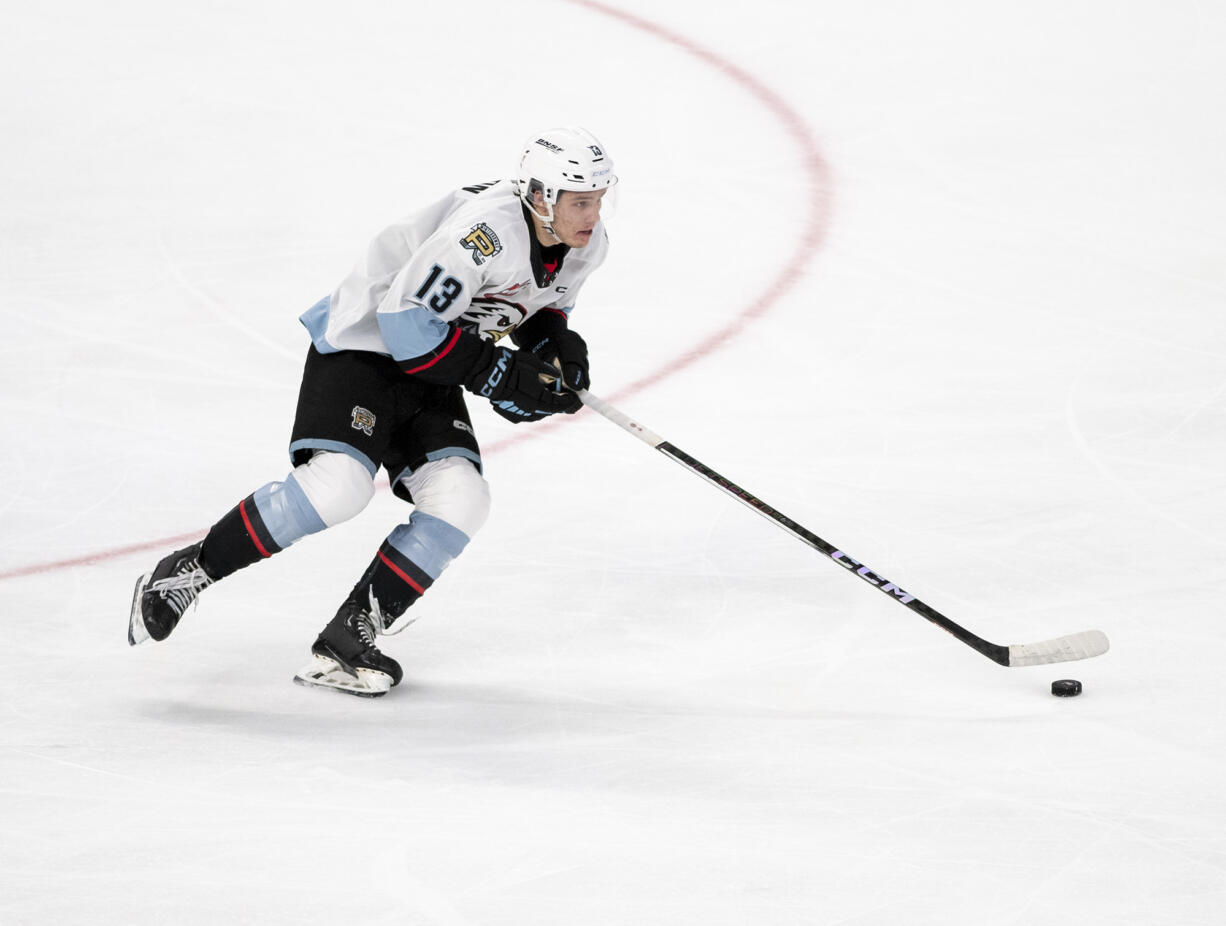 Portland Winterhawks forward James Stefan moves down the ice Wednesday, Oct. 18, 2023, during the Winterhawks’ 11-1 win against the Brandon Wheat Kings at Veterans Memorial Coliseum in Portland.