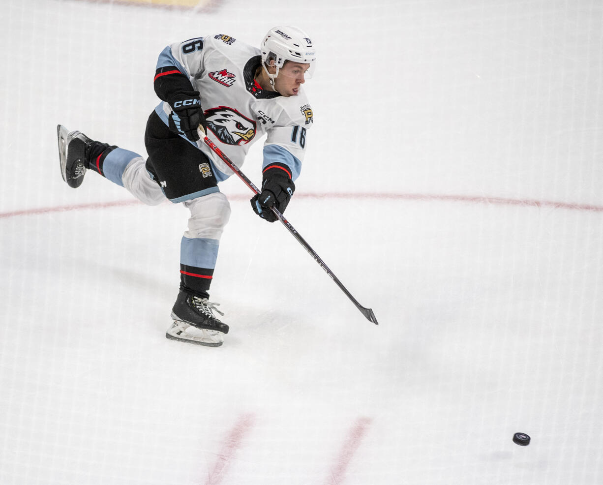 Portland Winterhawks forward Gabe Klassen shoots the puck Wednesday, Oct. 18, 2023, during the Winterhawks’ 11-1 win against the Brandon Wheat Kings at Veterans Memorial Coliseum in Portland.