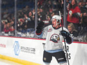 Portland Winterhawks forward Kyle Chyzowski celebrates after a goal Wednesday, Oct. 18, 2023, during the Winterhawks’ 11-1 win against the Brandon Wheat Kings at Veterans Memorial Coliseum in Portland.