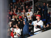 Fans celebrate a goal Wednesday, Oct. 18, 2023, during the Winterhawks’ 11-1 win against the Brandon Wheat Kings at Veterans Memorial Coliseum in Portland.