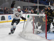 Portland Winterhawks forward Jack O'Brien, left, celebrates a goal Wednesday, Oct. 18, 2023, during the Winterhawks’ 11-1 win against the Brandon Wheat Kings at Veterans Memorial Coliseum in Portland.