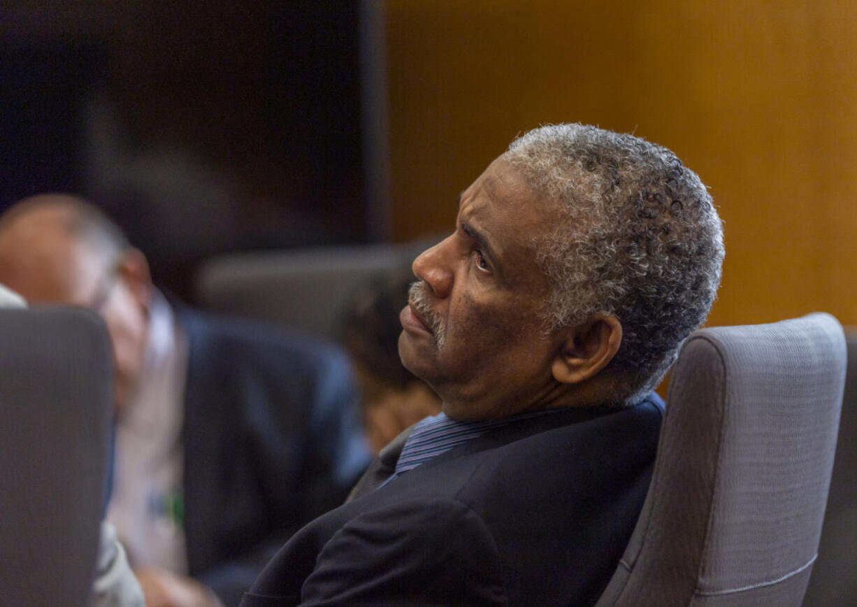 Defendant Jesse Franks sits in a chair Wednesday during his trial at the Clark County Courthouse. Franks and Felicia Adams, adoptive parents of Karreon Franks, are facing second-degree murder and homicide by abuse in the 2020 death of the 15-year-old.