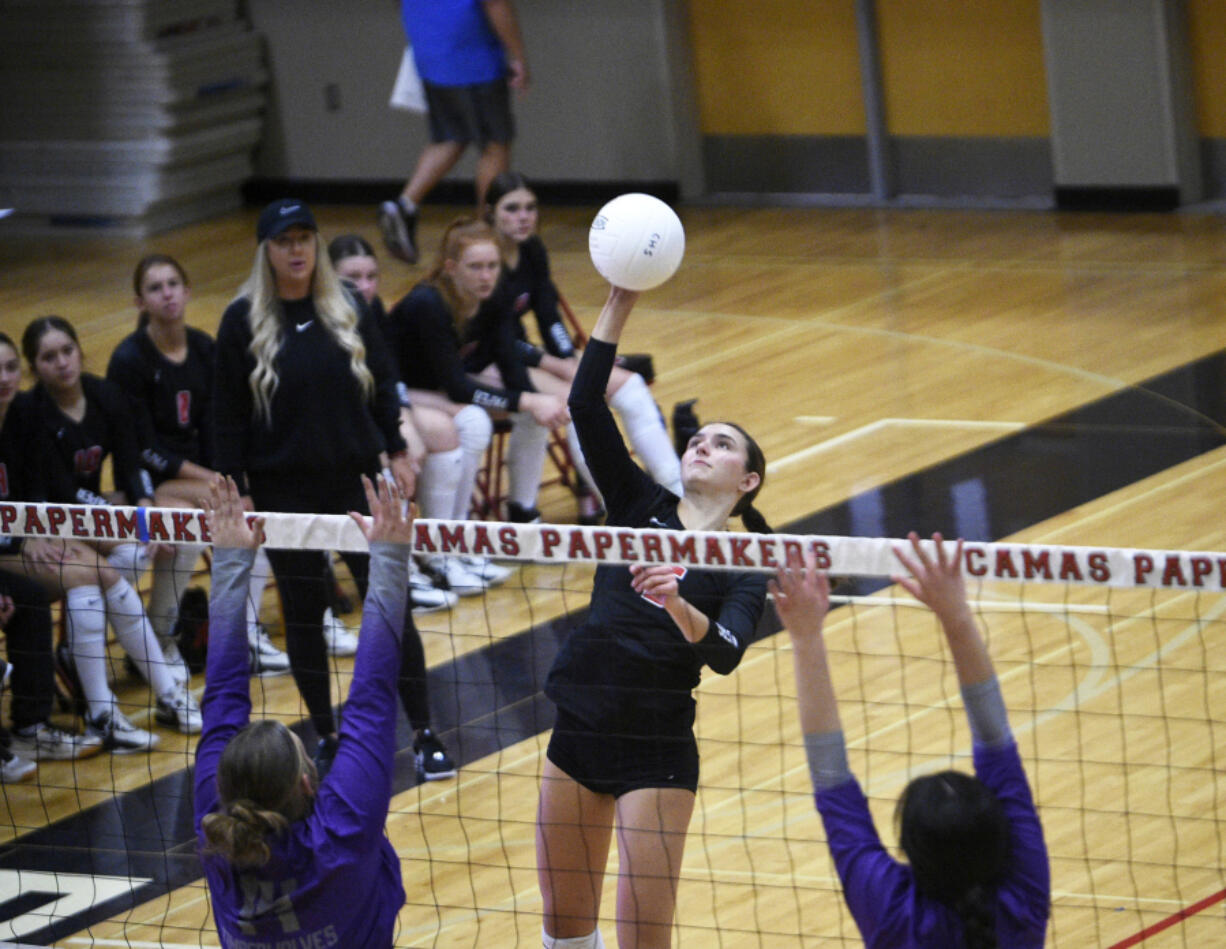 Camas senior Sami Tyler hits the ball during a win over Heritage at Camas High School on Tuesday, Oct. 24, 2023.