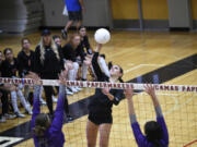 Camas senior Sami Tyler hits the ball during a win over Heritage at Camas High School on Tuesday, Oct. 24, 2023.