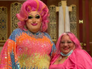 Drag queen minister Marge Erin Johnson, left, with Sandra Montes, dean of chapel at Union Theological Seminary in New York City.