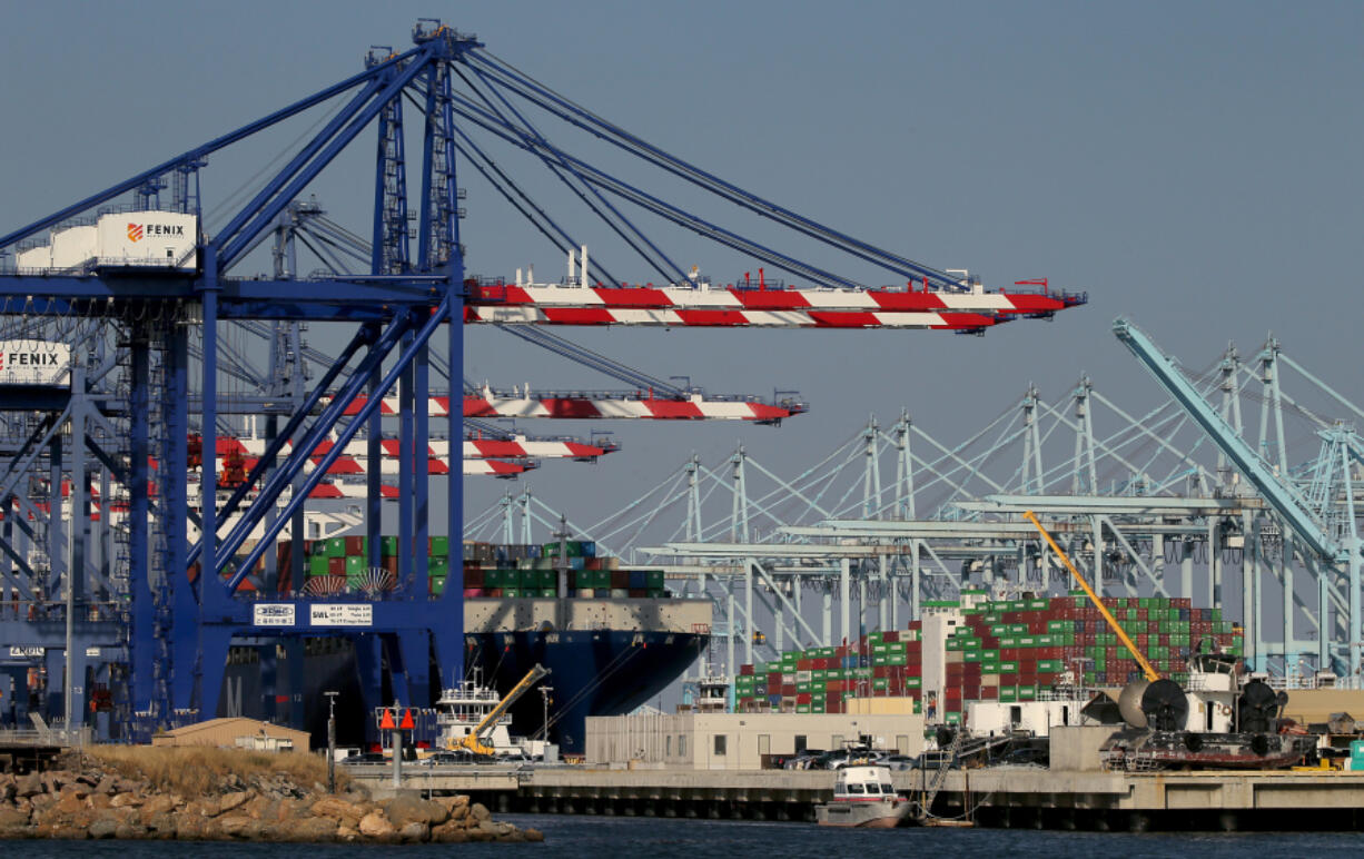 Container ships wait to be unloaded in the Port of Los Angeles on Friday, June 2, 2023. Accusations of disruptive tactics lie at the heart of a lawsuit that has caused the International Longshore and Warehouse Union to file for bankruptcy protection.