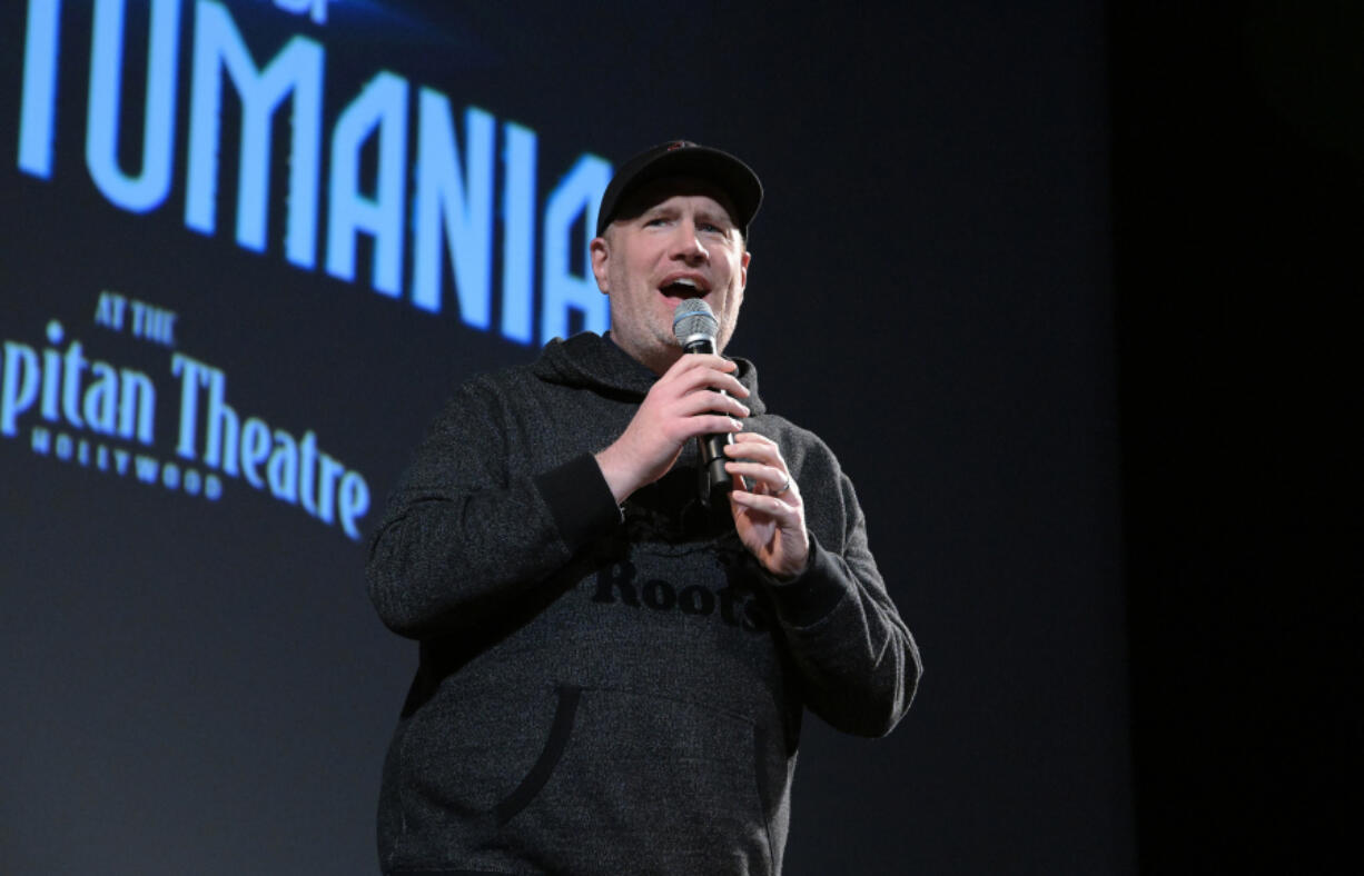 Marvel Studios President Kevin Feige addresses the crowd at the Nerdist fan event for Marvel Studios' "Ant-Man And The Wasp: Quantumania" at El Capitan Theatre on Feb. 17, 2023, in Los Angeles.