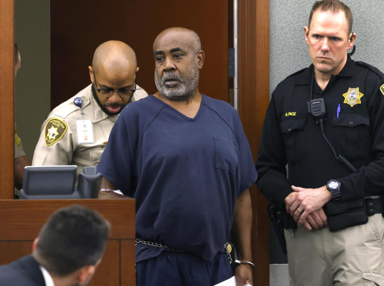 Duane Davis appears in court at the Regional Justice Center, on Oct. 4, 2023, in Las Vegas, Nevada. A Nevada grand jury indicted Davis in Shakur's death charging him with murder and with the use of a deadly weapon in connection to the 1996 killing of the rapper.