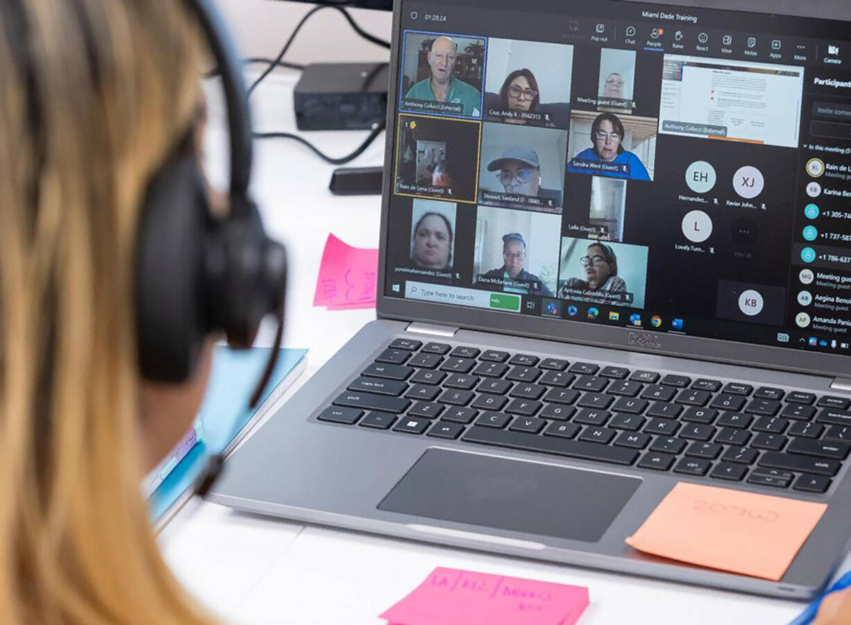 Karina Bermudez, who works with Kelly Education, leads an online orientation class for people looking to become Miami-Dade Schools substitute teachers through Kelly Education at their offices on Wednesday, Oct. 4, 2023, in Miami. (Matias J.