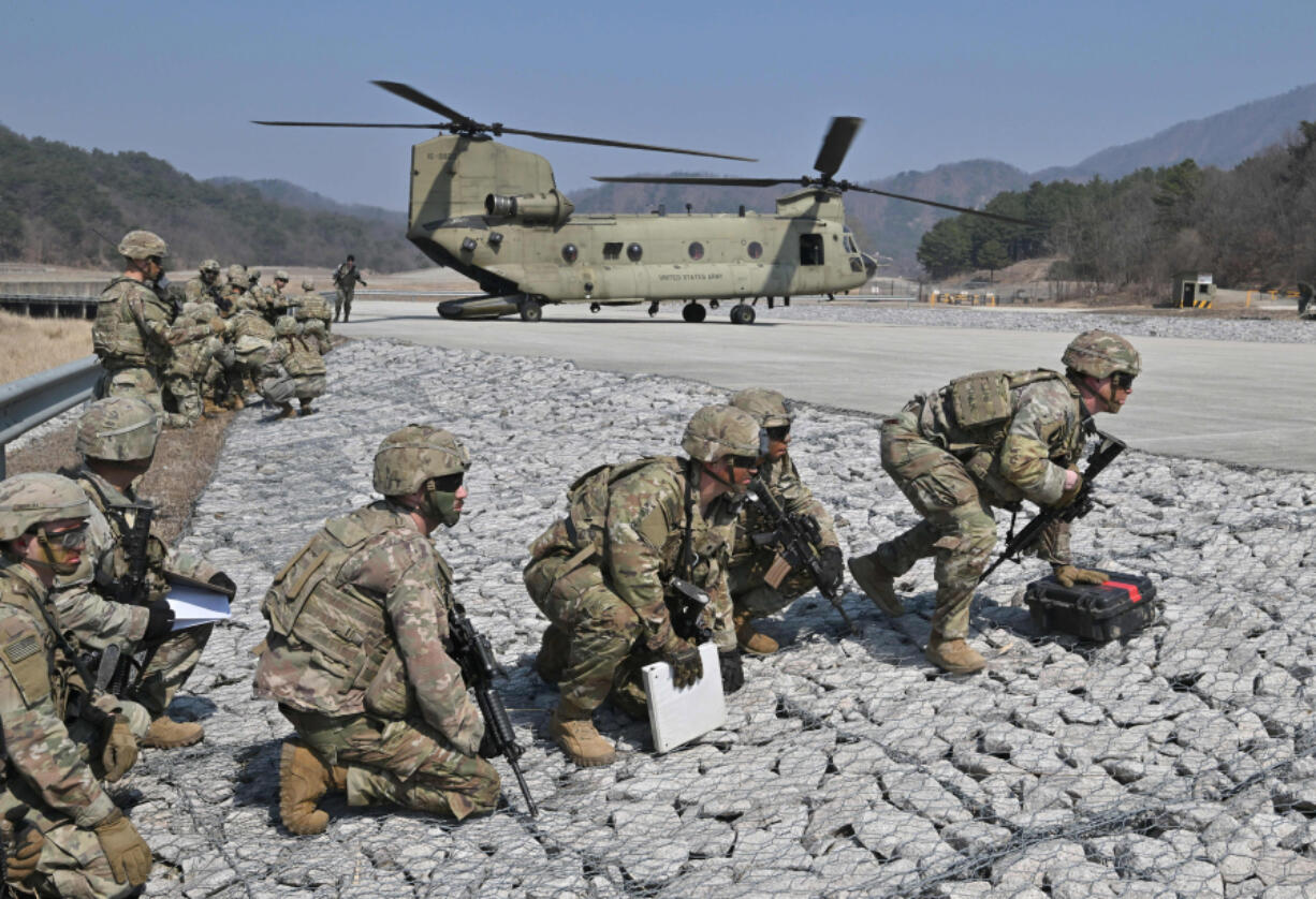 U.S. soldiers take part in a drill at a military training field in Pocheon on March 19, 2023. Obesity rates among active-duty servicemembers have more than doubled since 2012.