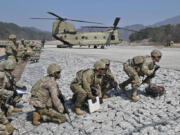 U.S. soldiers take part in a drill at a military training field in Pocheon on March 19, 2023. Obesity rates among active-duty servicemembers have more than doubled since 2012.