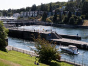 The Hiram M. Chittenden Locks in Ballard early on a sunny day in 2022.