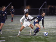 Skyview’s Dea Covarrubias, right, and Union’s Guadalupe Gutierrez battle for possession of the ball during a 4A Greater St. Helens League girls soccer match on Wednesday, Oct. 25, 2023, at Skyview High School.