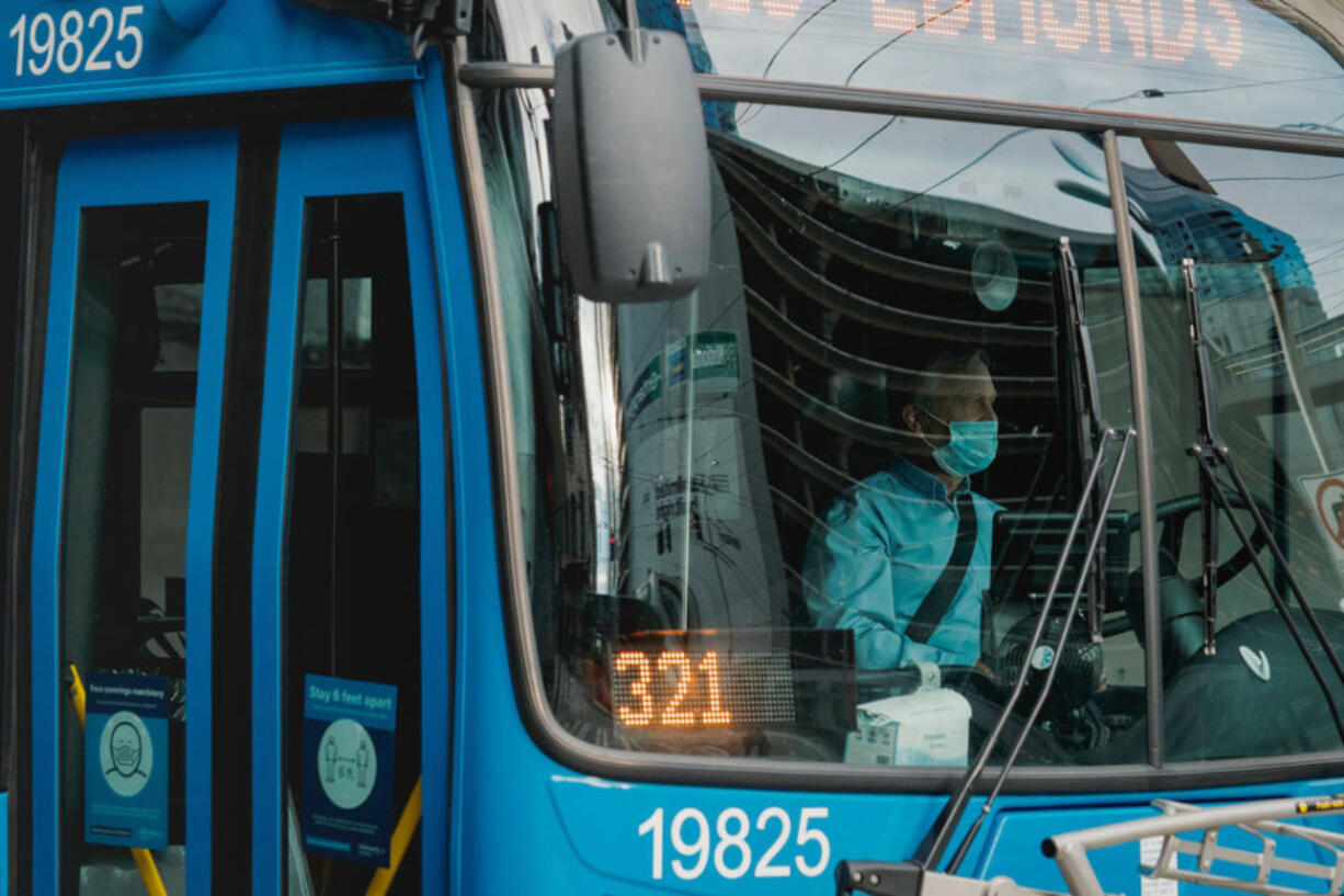 Scientists behind a University of Washington study say more research is necessary to determine if public transit operators are at risk secondhand exposure to drugs on buses and trains. The 416 bus to Edmonds is seen in downtown Seattle in this Oct. 15, 2020 file photo. (Jovelle Tamayo for Crosscut) (Jae C.