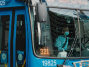 Scientists behind a University of Washington study say more research is necessary to determine if public transit operators are at risk secondhand exposure to drugs on buses and trains. The 416 bus to Edmonds is seen in downtown Seattle in this Oct. 15, 2020 file photo. (Jovelle Tamayo for Crosscut) (Jae C.