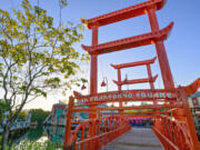 The San Fransokyo Gate Bridge stands at the entrance to San Fransokyo Square at Disney California Adventure Park in Anaheim, Calif.