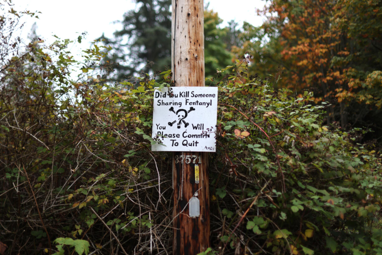 A sign along a road on the Lummi Nation reservation reads "Did You Kill Someone Sharing Fentanyl. You will. Please Commit To Quit" in Bellingham on Wednesday, Oct. 4, 2023.