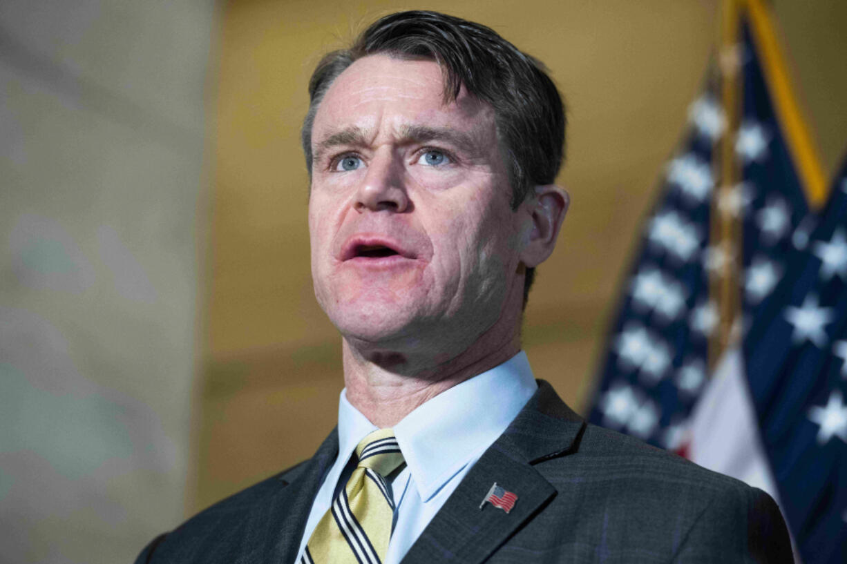 Sen. Todd Young, R-Ind., conducts a news conference on crime on Feb. 9, 2022.