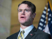 Sen. Todd Young, R-Ind., conducts a news conference on crime on Feb. 9, 2022.