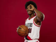 Portland Trail Blazers guard Scoot Henderson poses for a portrait during the NBA basketball team's media day in Portland, Ore., Monday, Oct. 2, 2023.