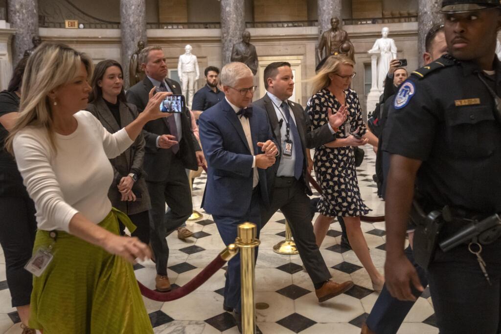 Speaker of the House pro tempore Rep. Patrick McHenry, R-N.C., leaves the Speaker's office to go the floor of the House on Capitol Hill, Wednesday, Oct. 4, 2023 in Washington.