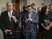 House Majority Leader Steve Scalise of La., speaks to reporters as he arrives for a meeting of House Republicans to vote on candidates for Speaker of the House on Capitol Hill, Wednesday, Oct. 11, 2023 in Washington. Stalemated over a new House speaker, the Republican majority is scheduled to convene behind closed doors to try to vote on a nominee. But lawmakers say Wednesday's private ballots to replace ousted Speaker Kevin McCarthy could take a while.