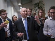 House Majority Leader Steve Scalise, R-La., is trailed by reporters as he arrives to meet with the House Republican Conference at the Capitol in Washington, Thursday, Oct. 12, 2023. A majority of Republicans have chosen Scalise as their nominee for speaker, defeating Rep. Jim Jordan, R-Ohio, but he is still short of the votes he will need on the floor to win the gavel. (AP Photo/J.