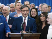 Rep. Mike Johnson, R-La., speaks after he was chosen as the Republicans latest nominee for House speaker at a Republican caucus meeting at the Capitol in Washington, Tuesday, Oct. 24, 2023.