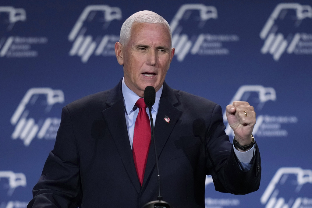 FILE - Former Vice President Mike Pence speaks at the annual leadership meeting of the Republican Jewish Coalition, Friday, Nov. 18, 2022, in Las Vegas. The Republican Jewish Coalition’s annual gathering of donors in Las Vegas that is being held this weekend has for years been a key stop for GOP candidates as they seek not only to court Jewish voters but also to present themselves as stalwart allies of Israel, a key priority for many in the party’s base, particularly evangelicals.