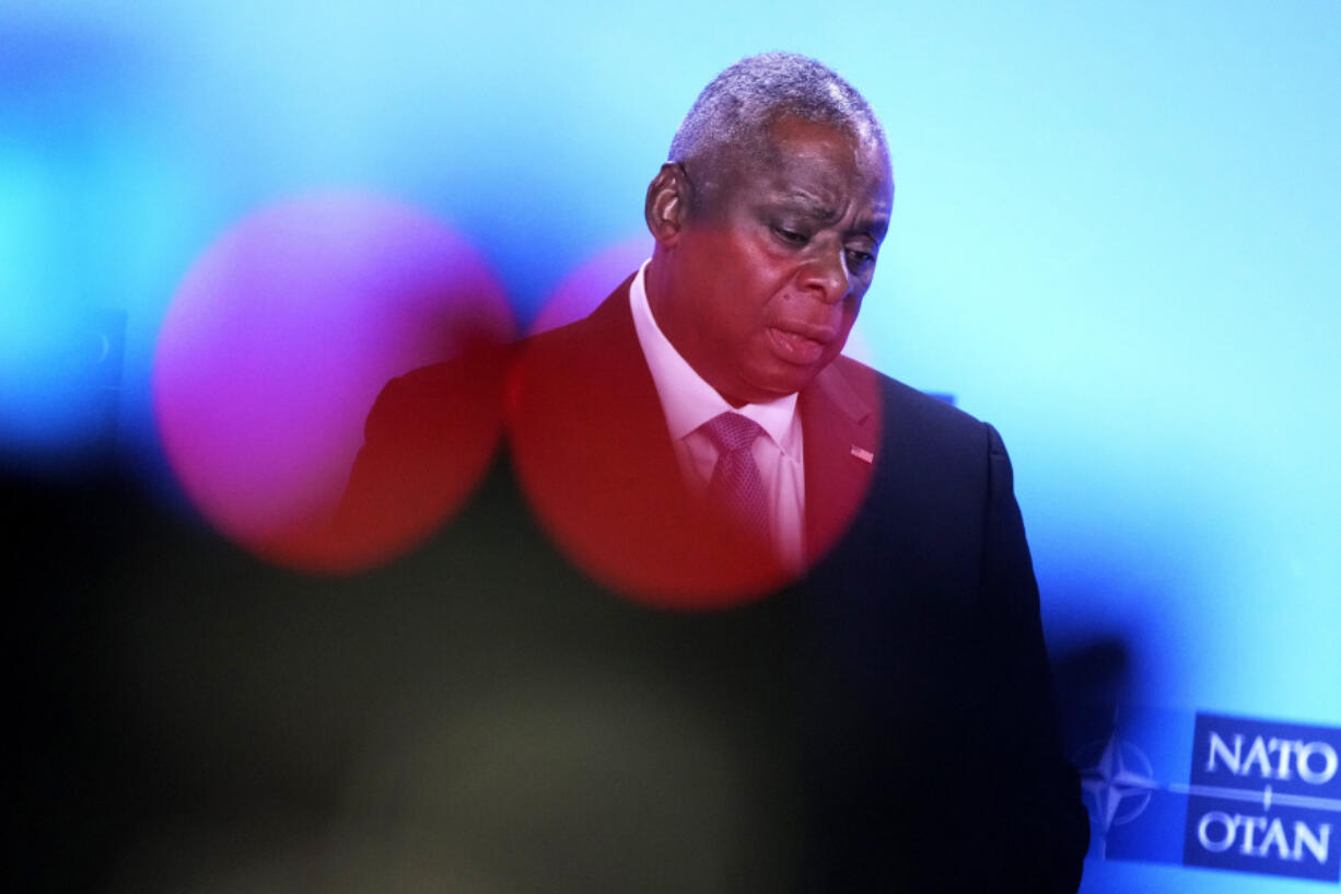 United States Secretary of Defense Lloyd Austin addresses a media conference on the sidelines of a meeting of NATO defense ministers at NATO headquarters in Brussels, Thursday, Oct. 12, 2023.