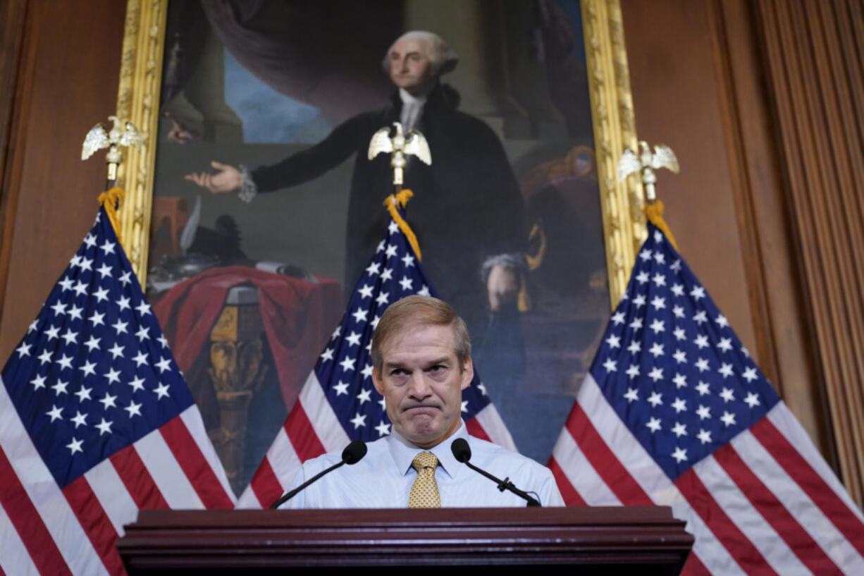 Rep. Jim Jordan, R-Ohio, House Judiciary chairman and staunch ally of Donald Trump, meets with reporters about his struggle to become speaker of the House, at the Capitol in Washington, Friday, Oct. 20, 2023. (AP Photo/J.
