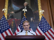 Rep. Jim Jordan, R-Ohio, House Judiciary chairman and staunch ally of Donald Trump, meets with reporters about his struggle to become speaker of the House, at the Capitol in Washington, Friday, Oct. 20, 2023. (AP Photo/J.