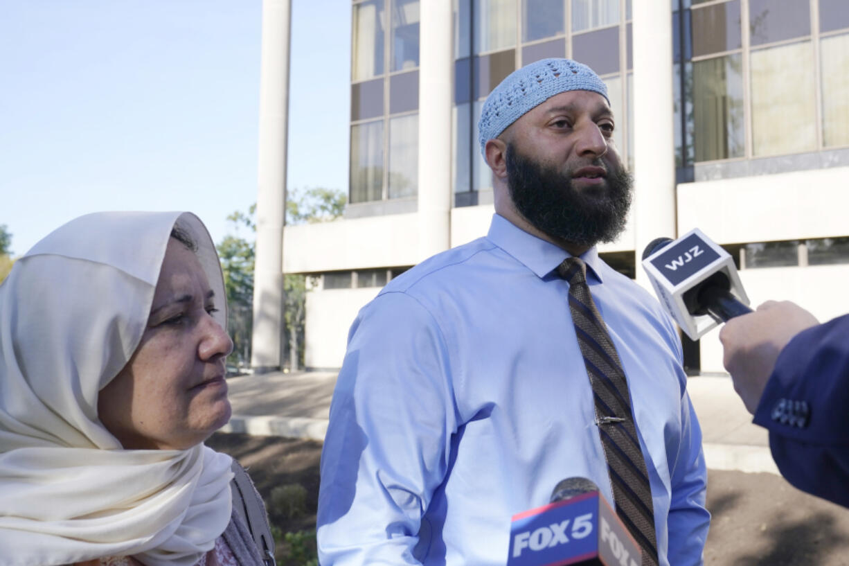 Adnan Syed and his mother Shamim Rahman talk with reporters as they arrive at Maryland's Supreme Court in Annapolis, Md., Thursday, Oct.