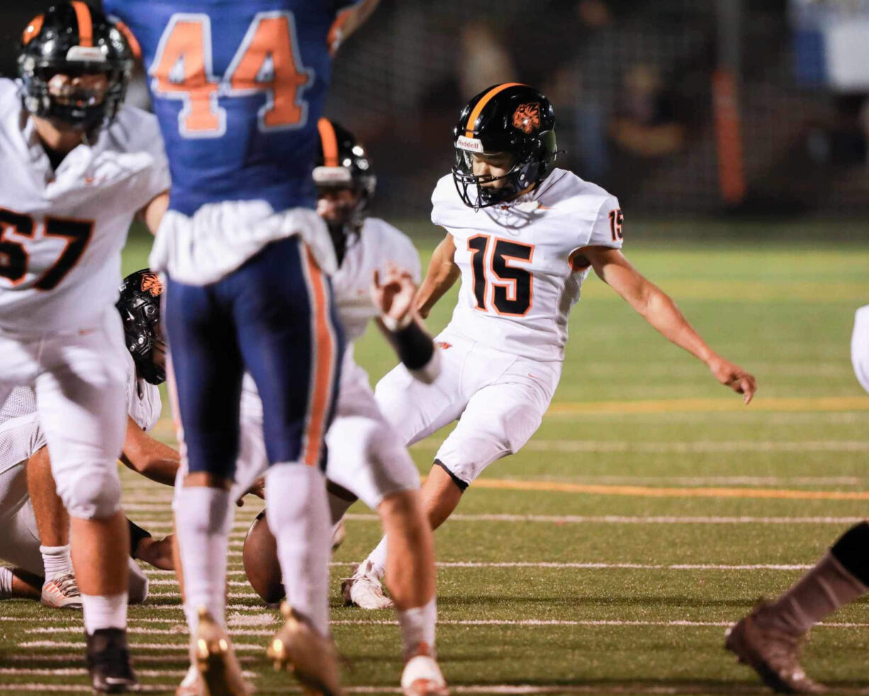 Battle Ground sophomore kicker Bryland Fick kicks a 41 yard field goal during the Tigers' 23-0 win over Lakes High School.