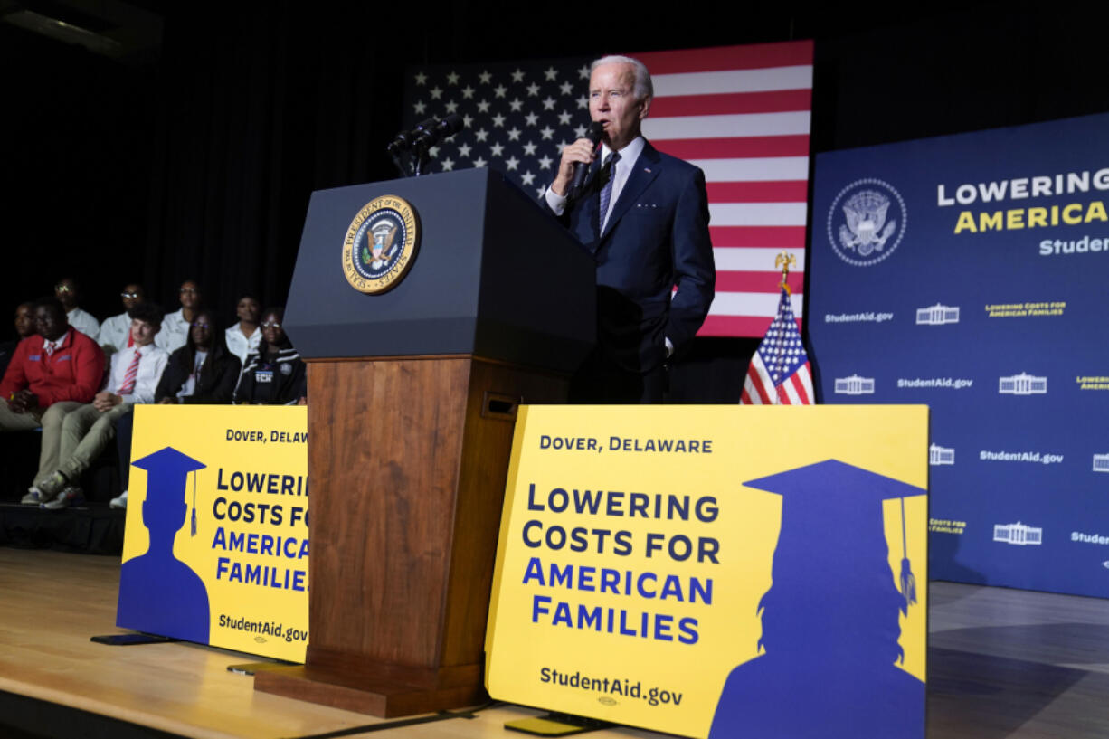 FILE - President Joe Biden speaks about student loan debt relief at Delaware State University, Oct. 21, 2022, in Dover, Del.